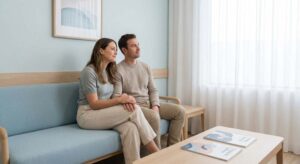 Mężczyzna i kobieta w oczekiwaniu na konsultacje w poradni leczenia bezpłodności