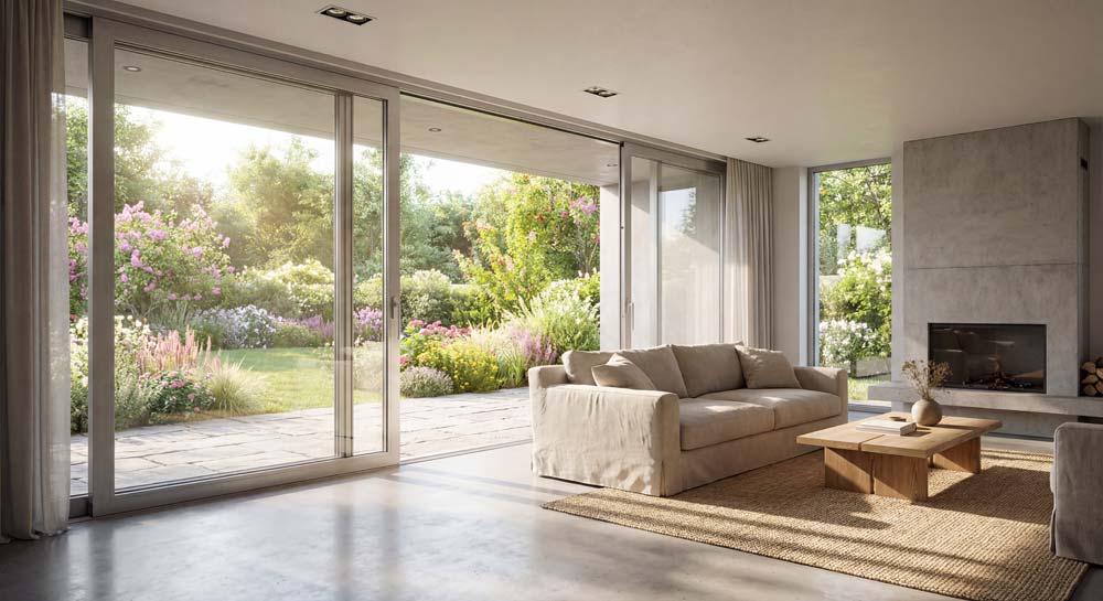Nowe, wymienione okna w domu. Na zdjęciu przesuwane drzwi tarasowe z widokiem na ogród