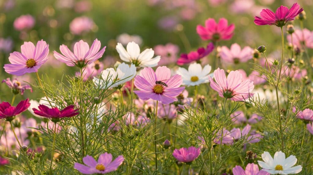 Kosmos podwójnie pierzasty (Cosmos bipinnatus) – kwiaty w różowym kolorze na tle pierzastych liści w ogrodzie naturalistycznym