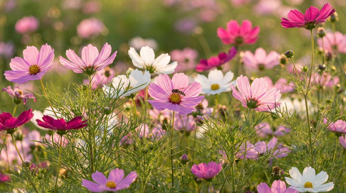 Kosmos podwójnie pierzasty (Cosmos bipinnatus) – kwiaty w różowym kolorze na tle pierzastych liści w ogrodzie naturalistycznym