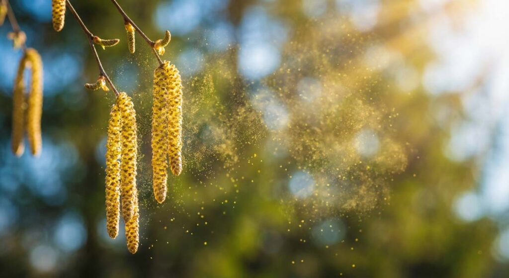 Kwiatostany brzozy uwalniające pyłek wiosną — główny alergen pyłkowy w Polsce