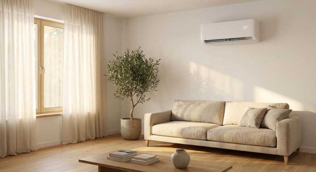 Biały klimatyzator split zamontowany na ścianie w jasnym salonie – wybór klimatyzatora domowego