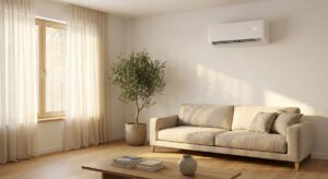 Biały klimatyzator split zamontowany na ścianie w jasnym salonie – wybór klimatyzatora domowego