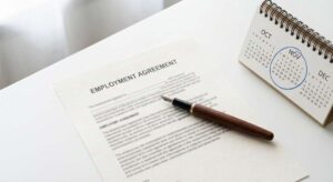 Umowa o pracę na okres próbny z długopisem na biurku – dokumenty kadrowe i Kodeks pracy
