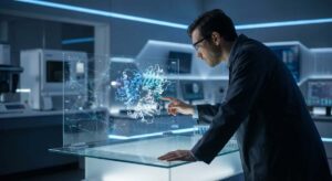 Naukowiec analizuje struktury białek na holograficznym wyświetlaczu z wizualizacją sieci neuronowej – sztuczna inteligencja w badaniach naukowych